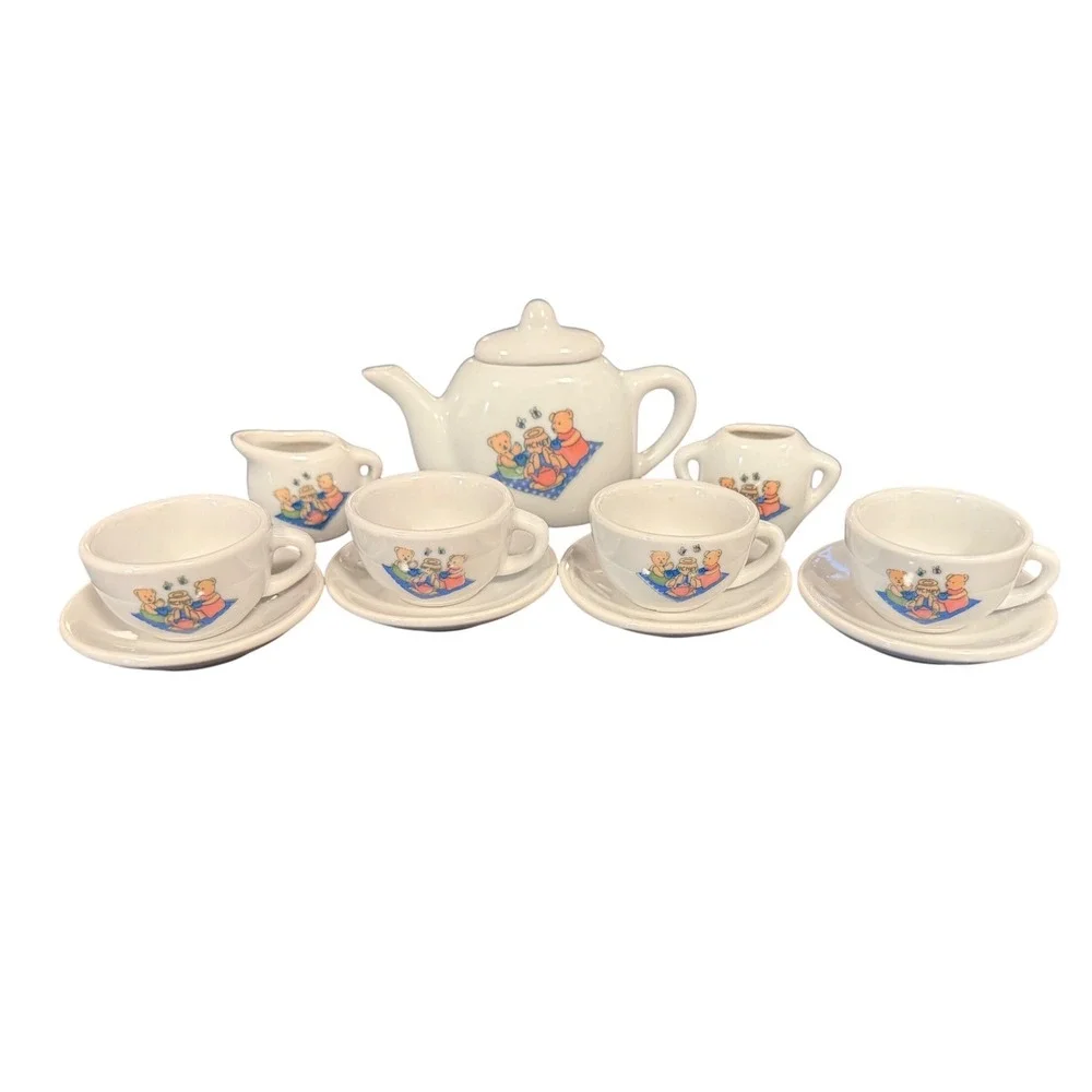 Vintage Miniature Ceramic Tea Set 11 Piece Teddy Bear Picnic White Porcelain Toy